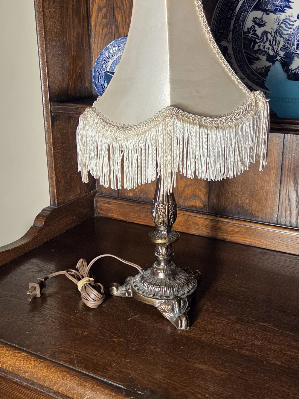 Vintage Cream Fringe Table Lamp with Ornate Brass Base